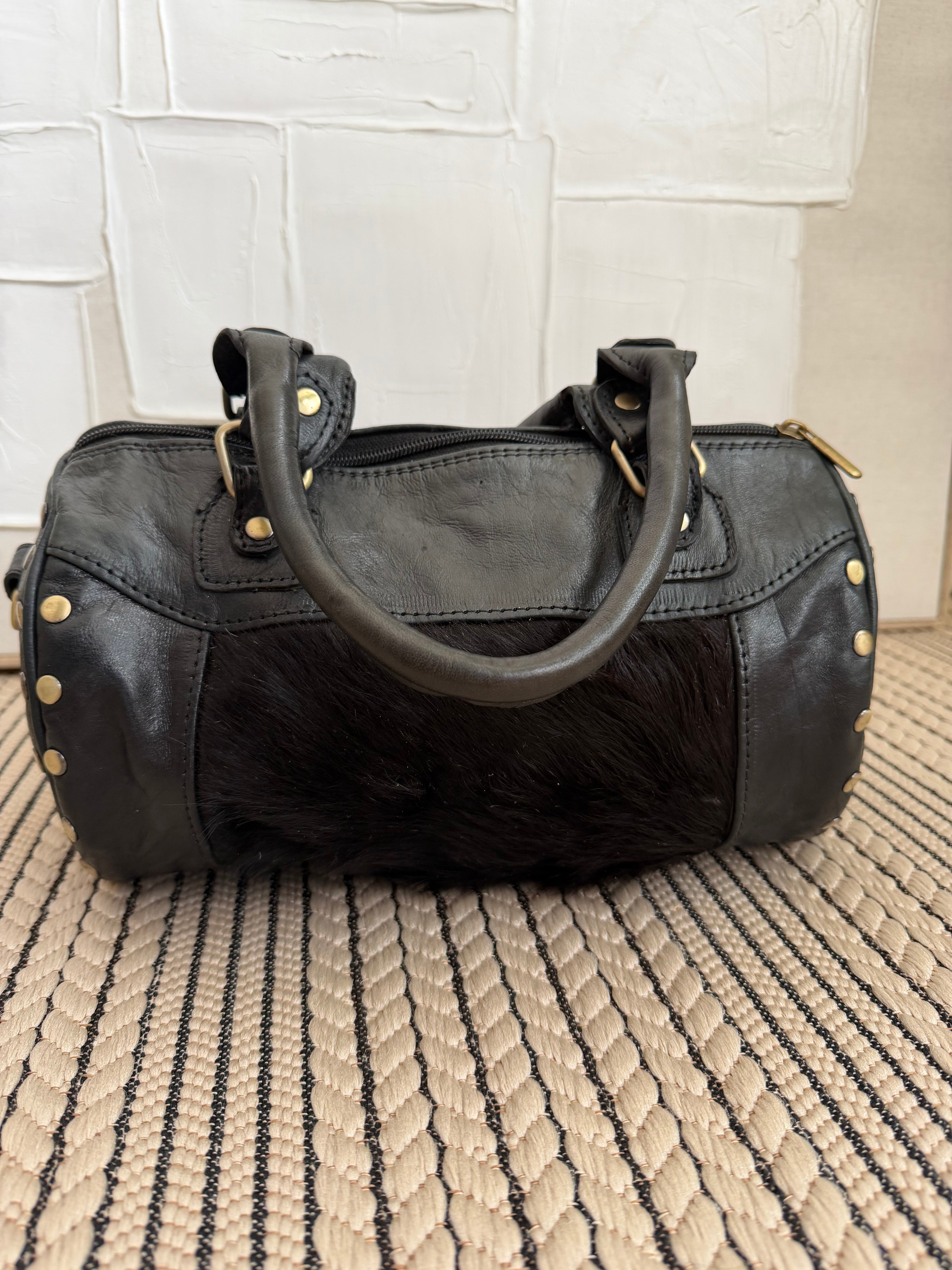 Atlas Mini Duffle – Black Leather & Hair-On Hide – Fez Cooperative